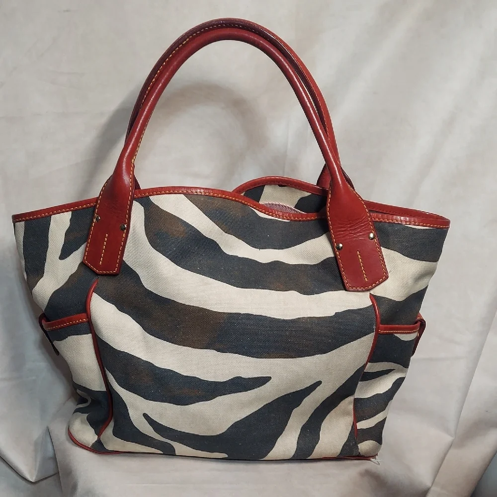 Dooney & Bourke Zebra Canvas Tote Bag Red Leather Trim Safari Large READ DESC